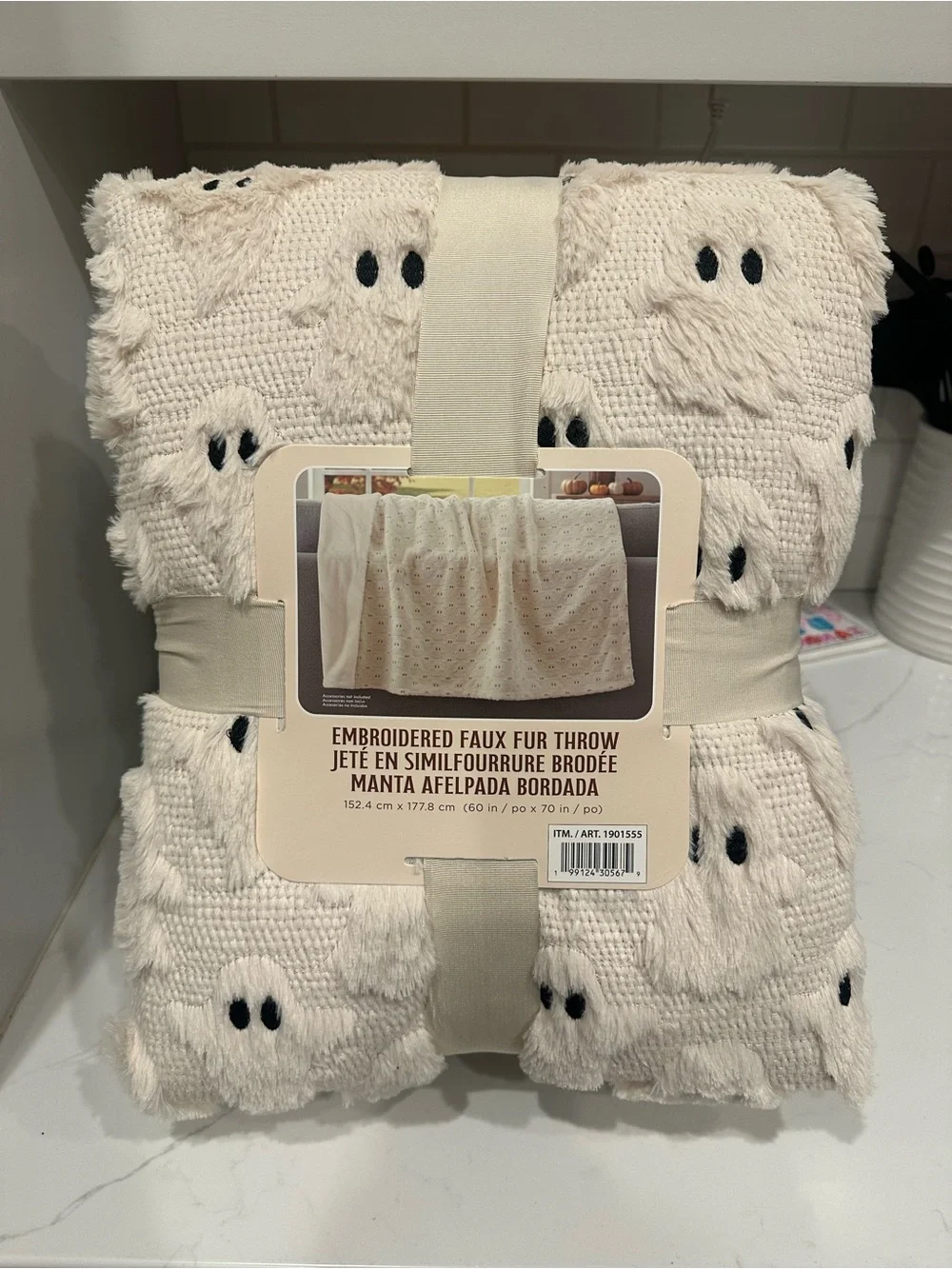 Viral TikTok White Embroidered Faux Fur Ghost Halloween Throw Blanket 60